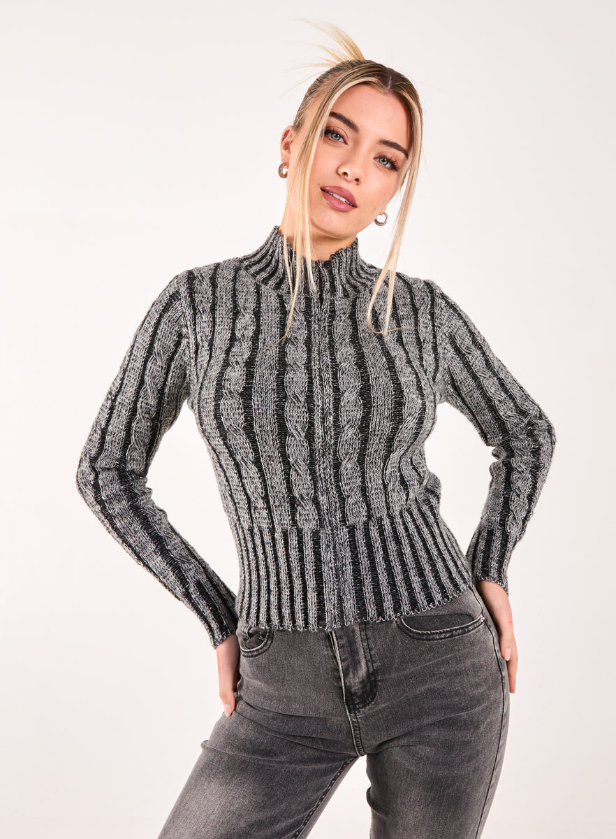 High Neck Zip Up Cable Knit | Pink Vanilla