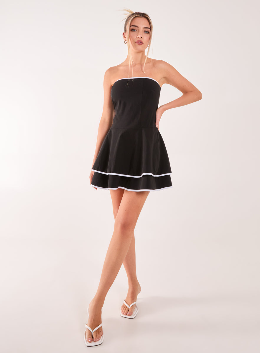 contrast binding mini dress in black Black Collared Contrast Binding Mini Dress