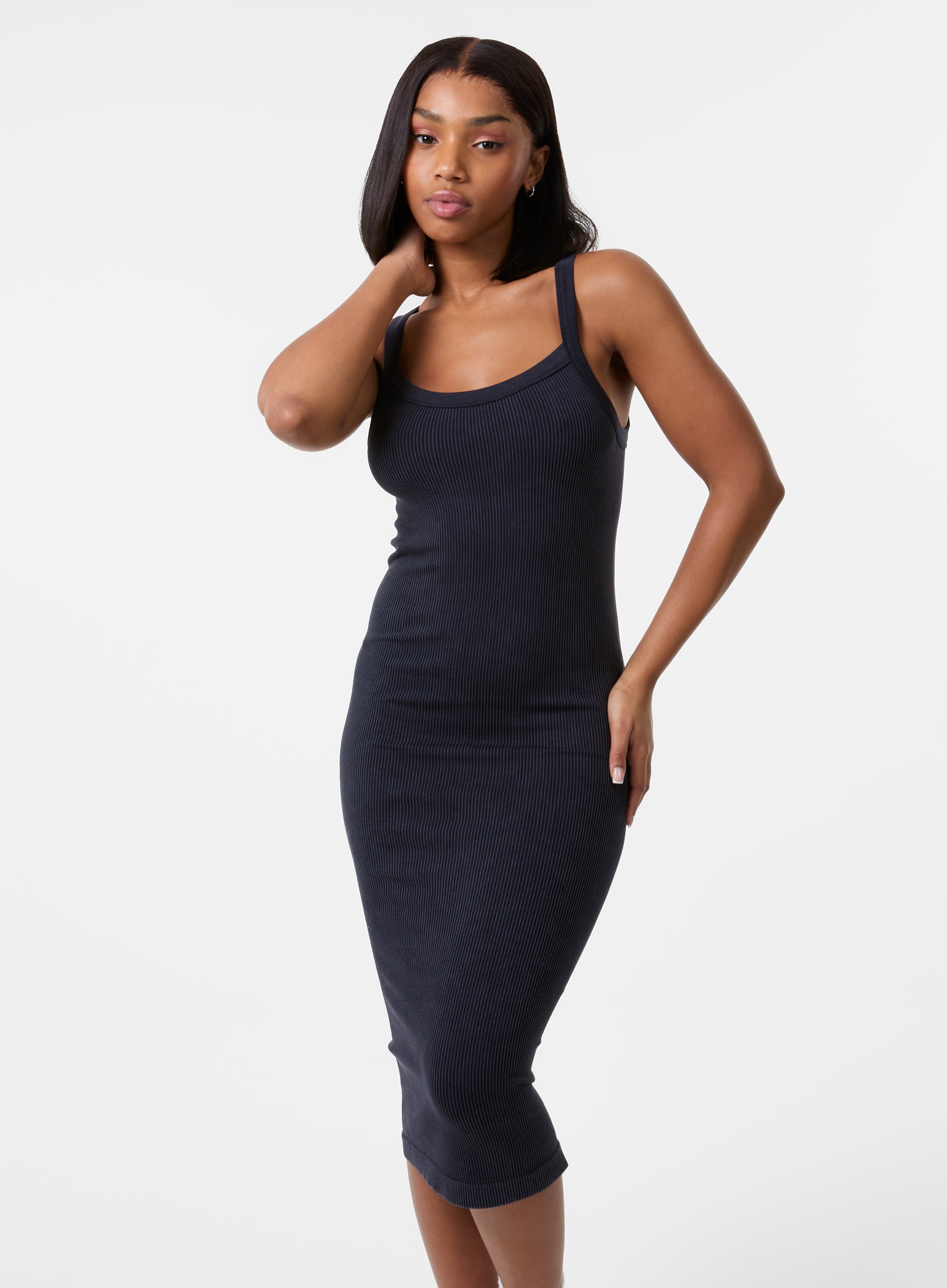 black ribbed racer dress Black boohoo Plus Basic Rib Racer Neck Midi Dress