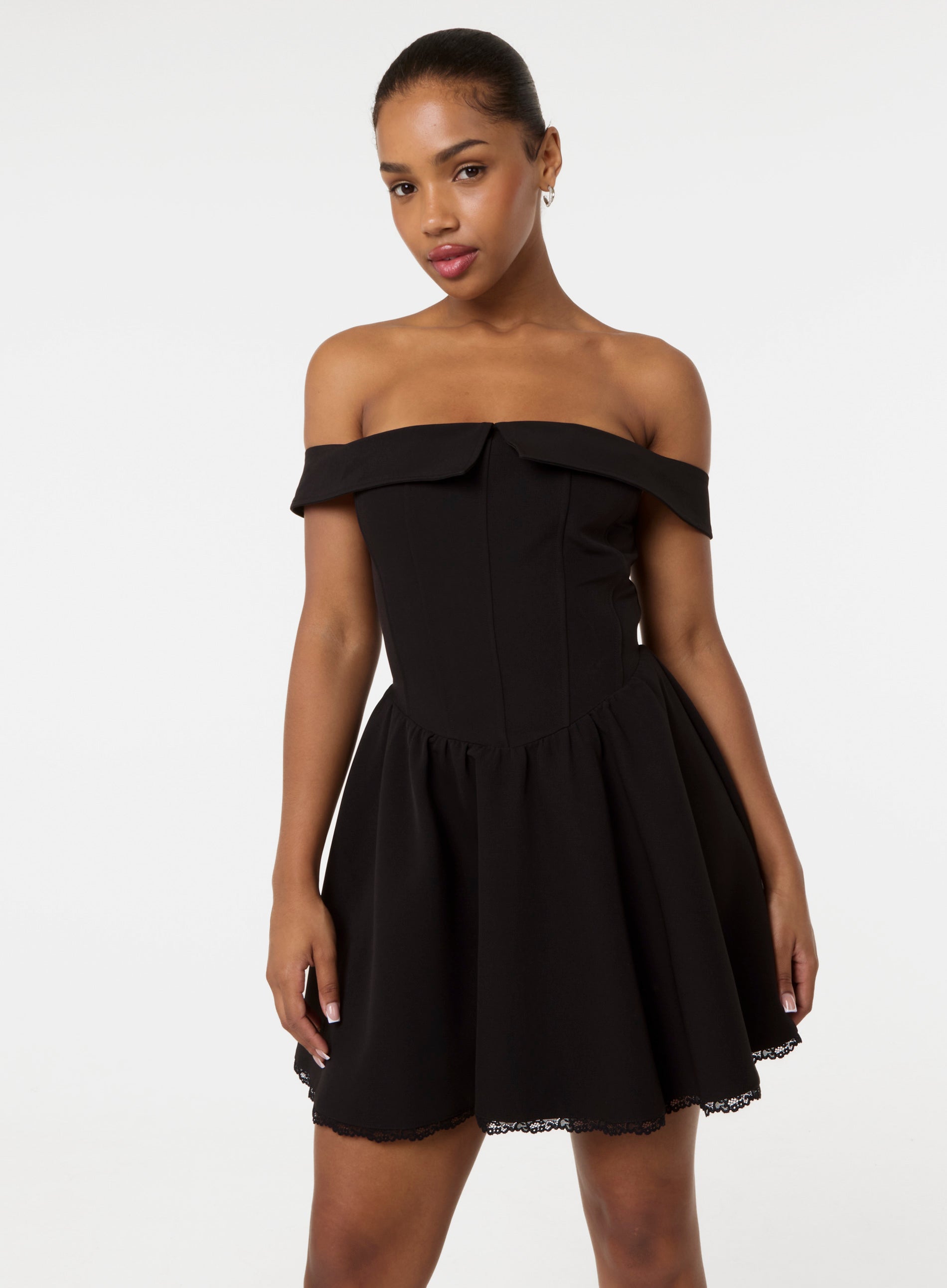bonnin off the shoulder lace mini dress Bonnee Off Shoulder Lace Mini Dress | Black | Womens