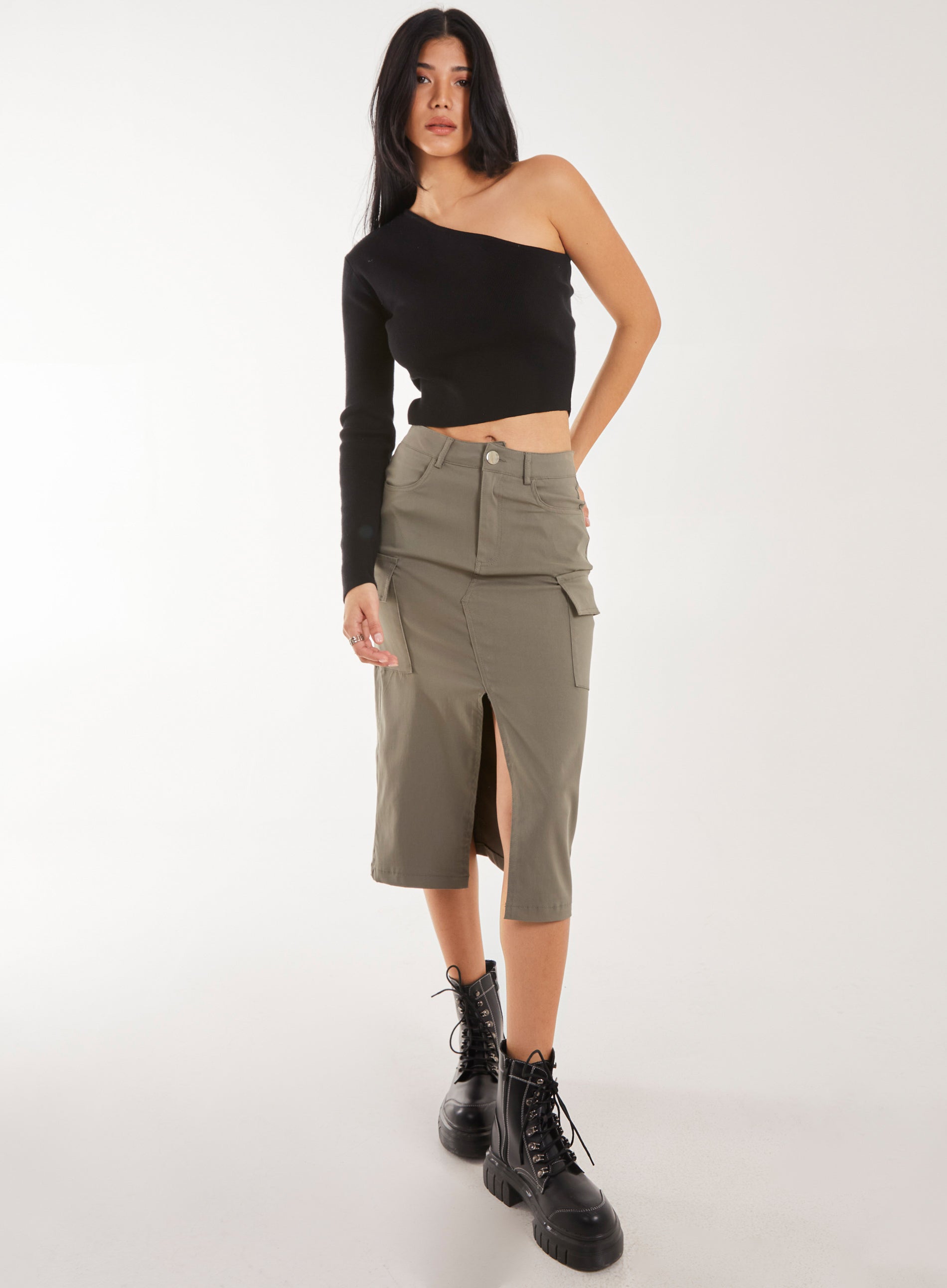 Utility Cargo Midi Slit Skirt | Pink Vanilla