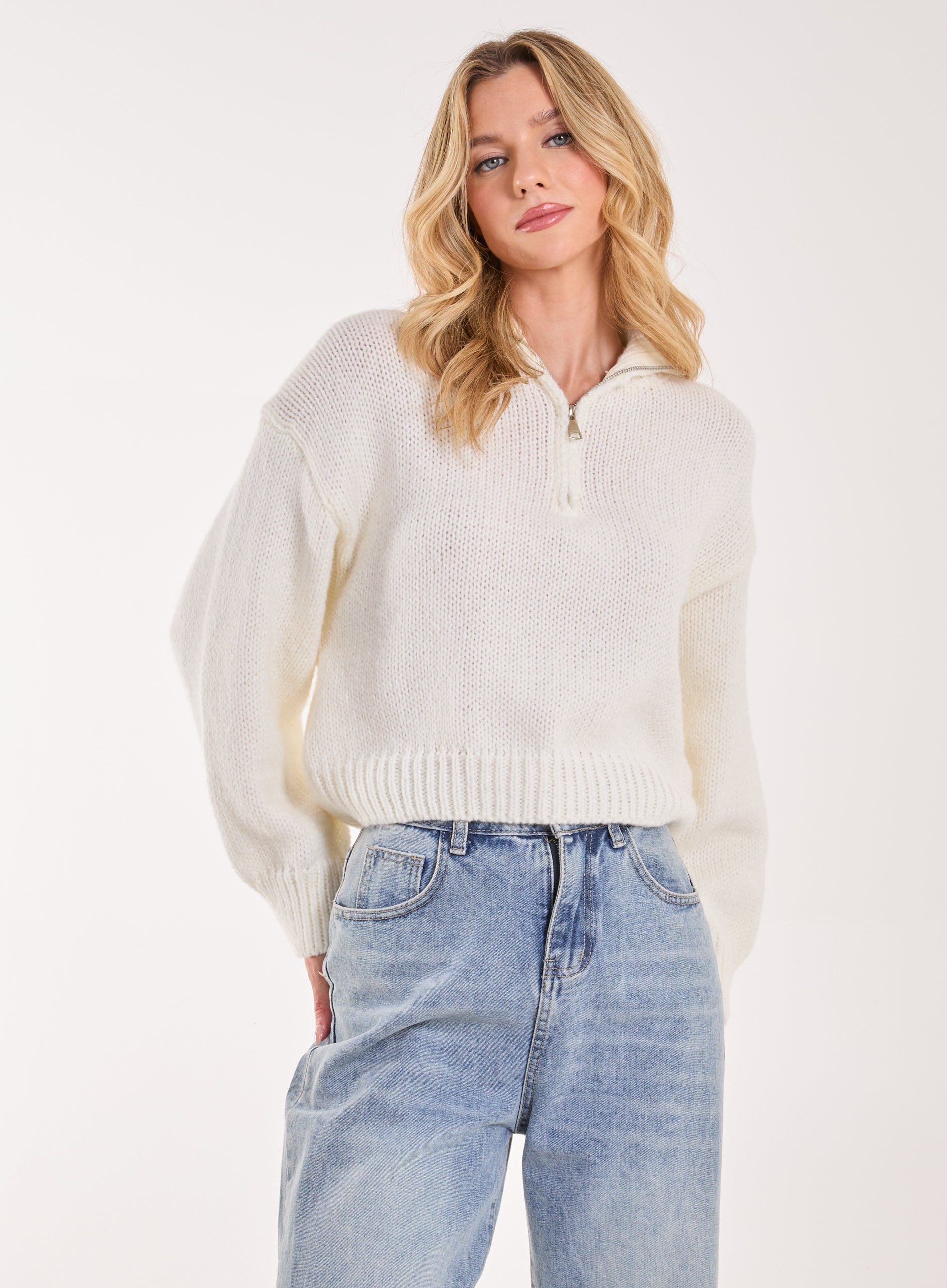 Zip Up Collar Knit Cropped Jumper | Pink Vanilla