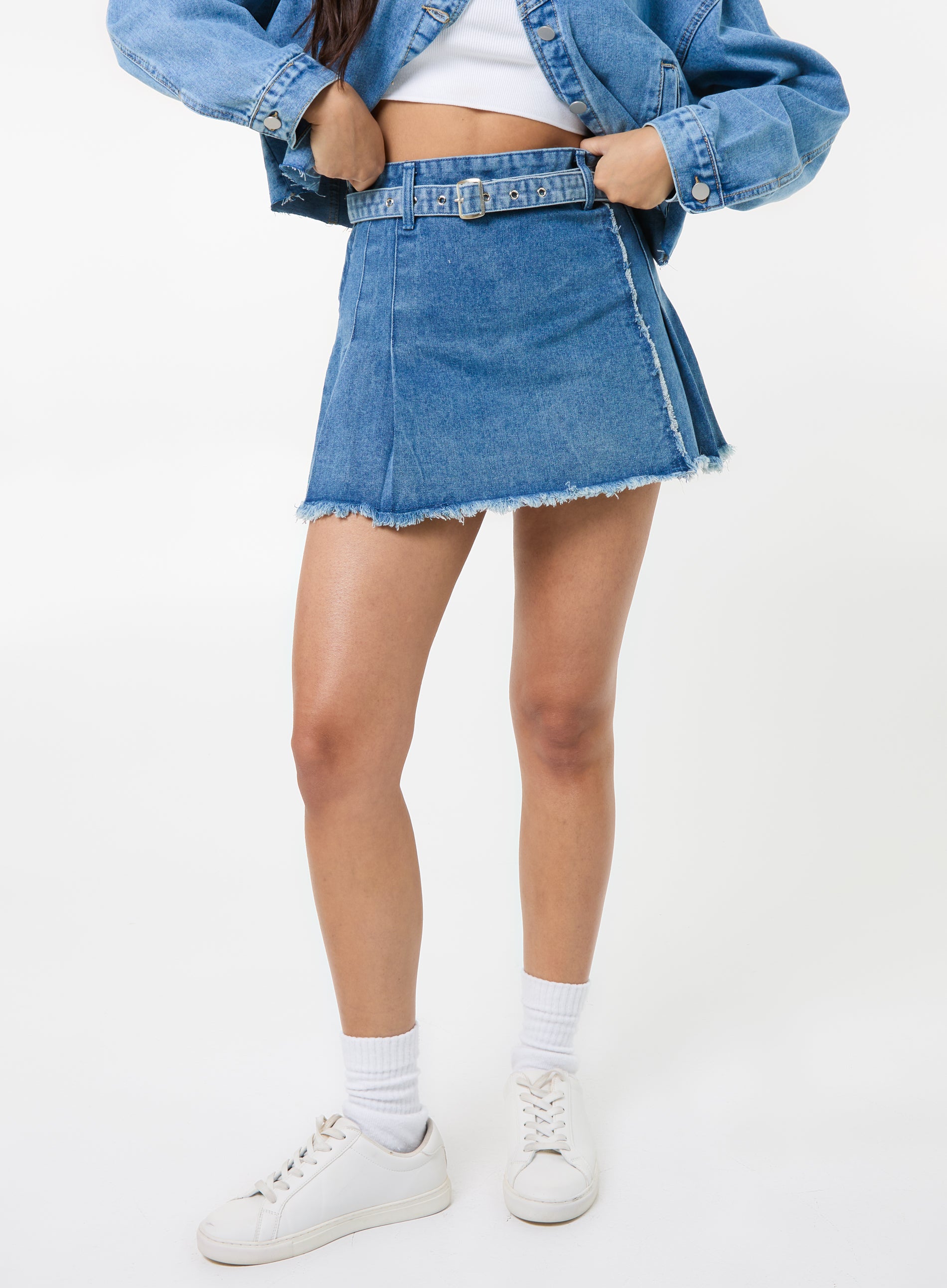 【Anyone more】Daniel Belt Denim Pleated Mini Skirt Belt Denim Pleated Mini Skirt | Pink Vanilla