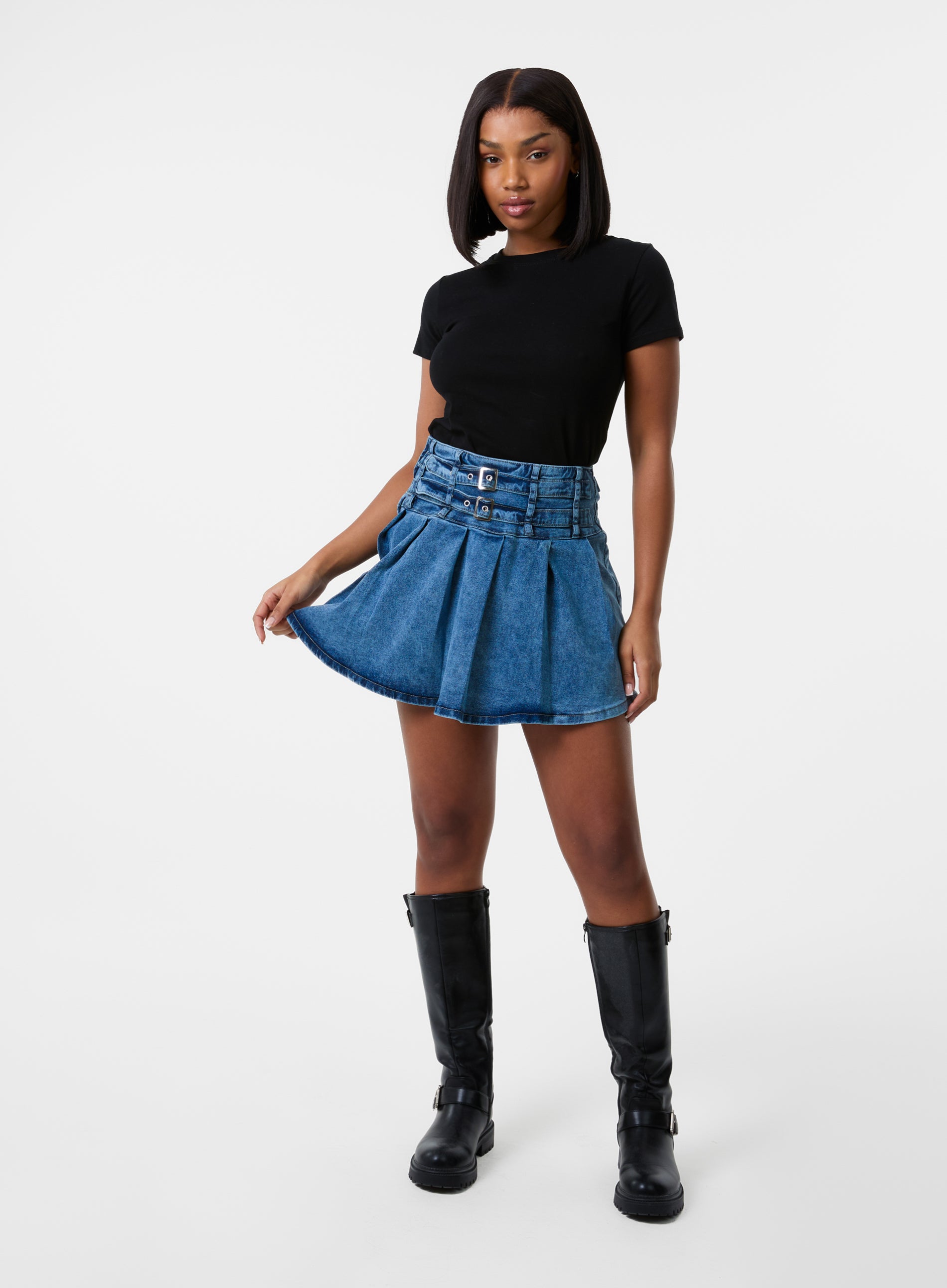 Denim Double Belt Pleat Mini Skirt | Pink Vanilla