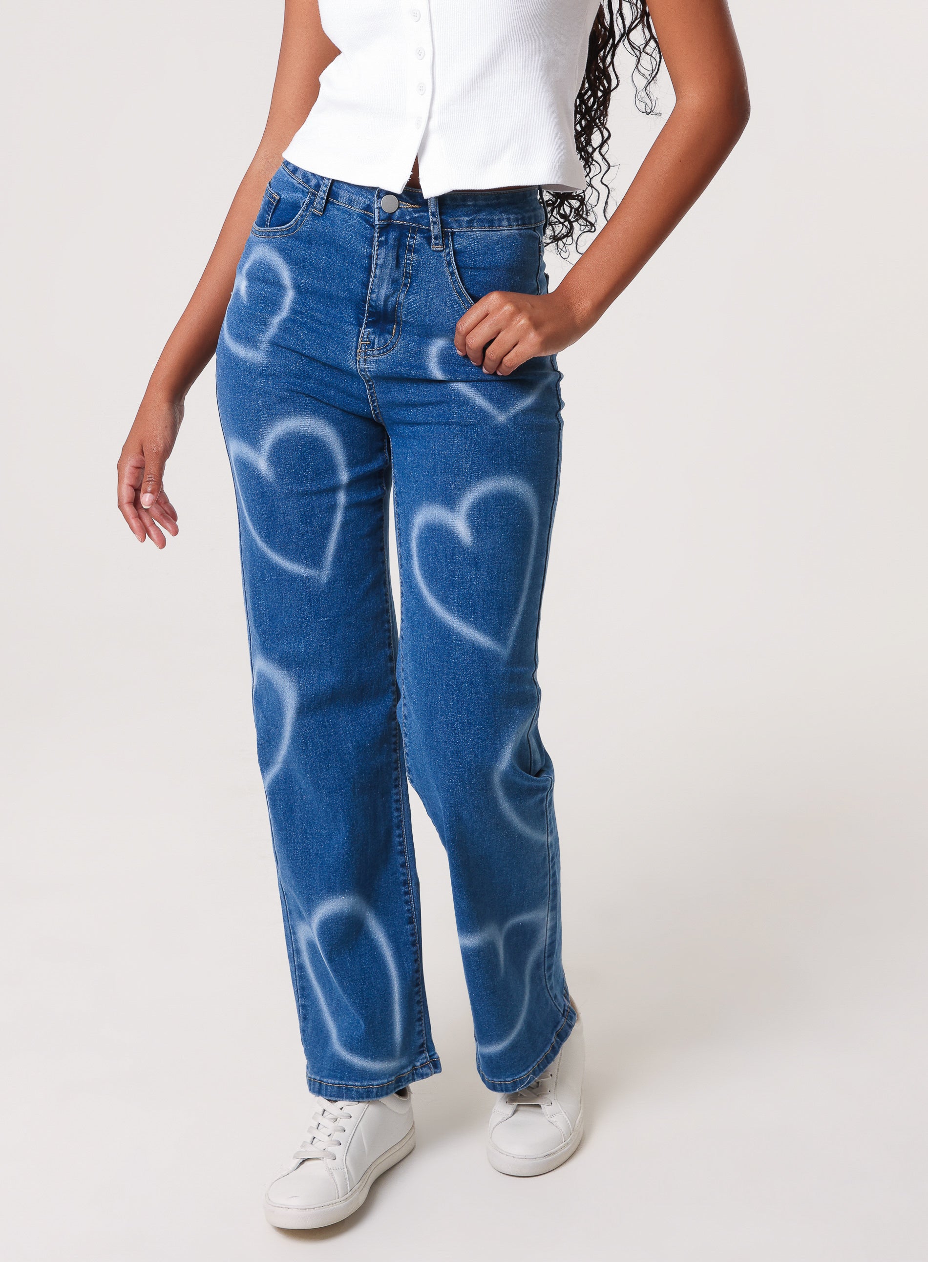 andmary ♡ Heart hip denim allinone Spray Heart Detail Jeans | Pink Vanilla
