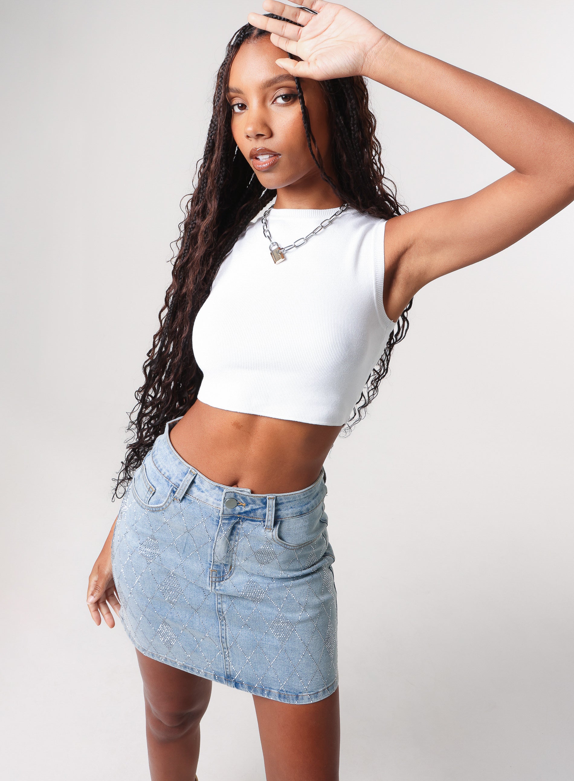 Rhinestone Denim Skirt | Pink Vanilla