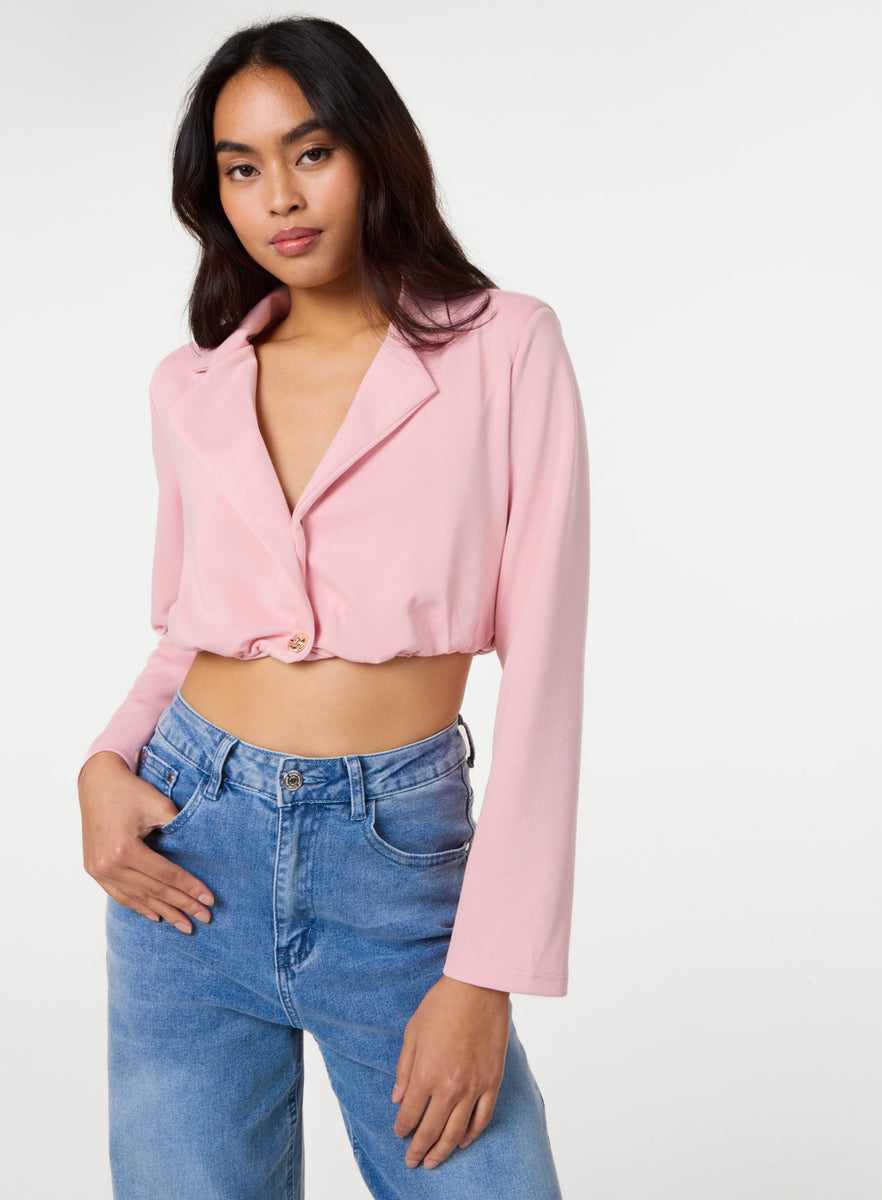Pink | Crop One Button Puffball Blazer Jacket | Pink Vanilla