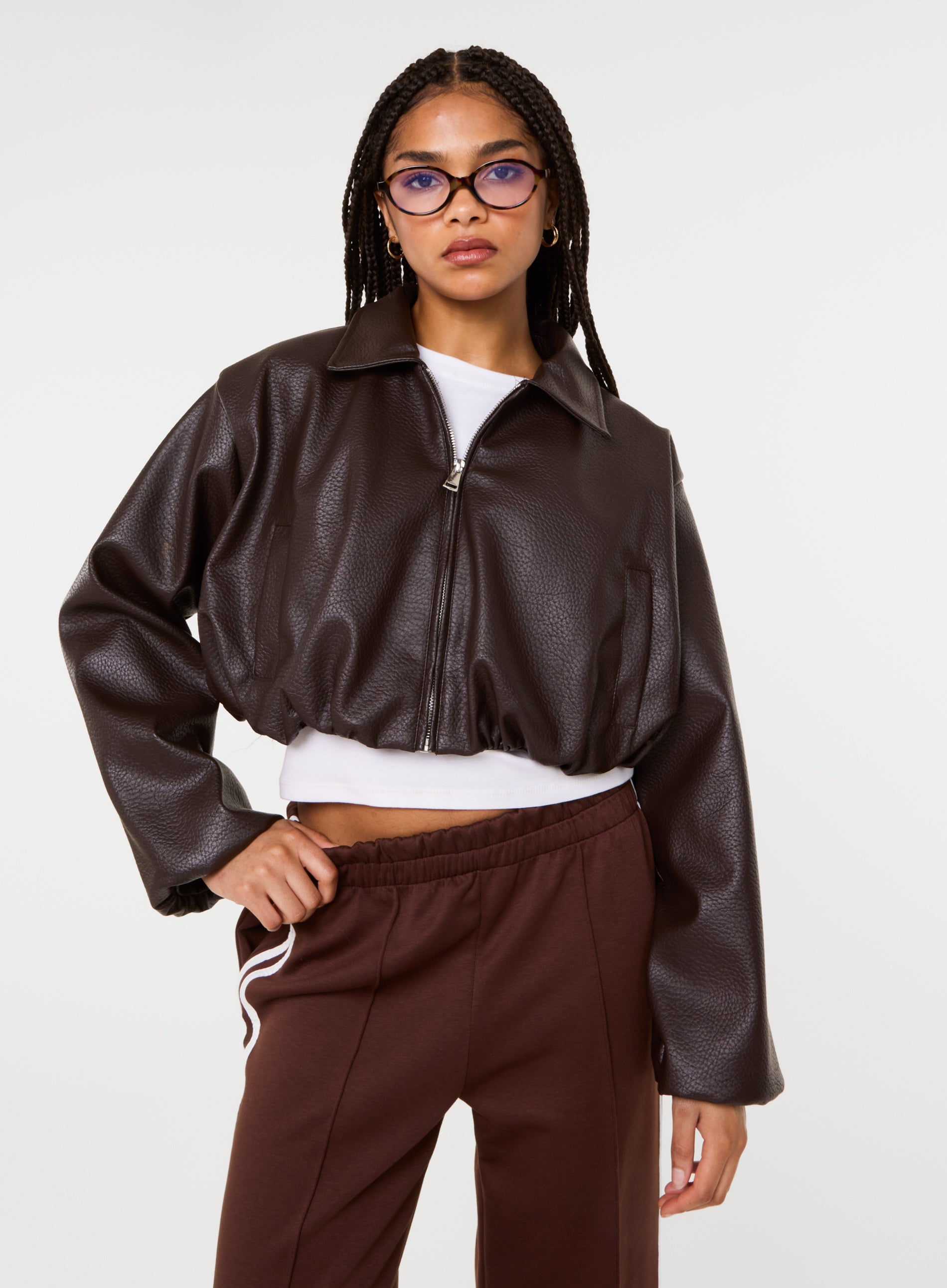 Chocolate | Faux Leather Puffball Jacket | Pink Vanilla