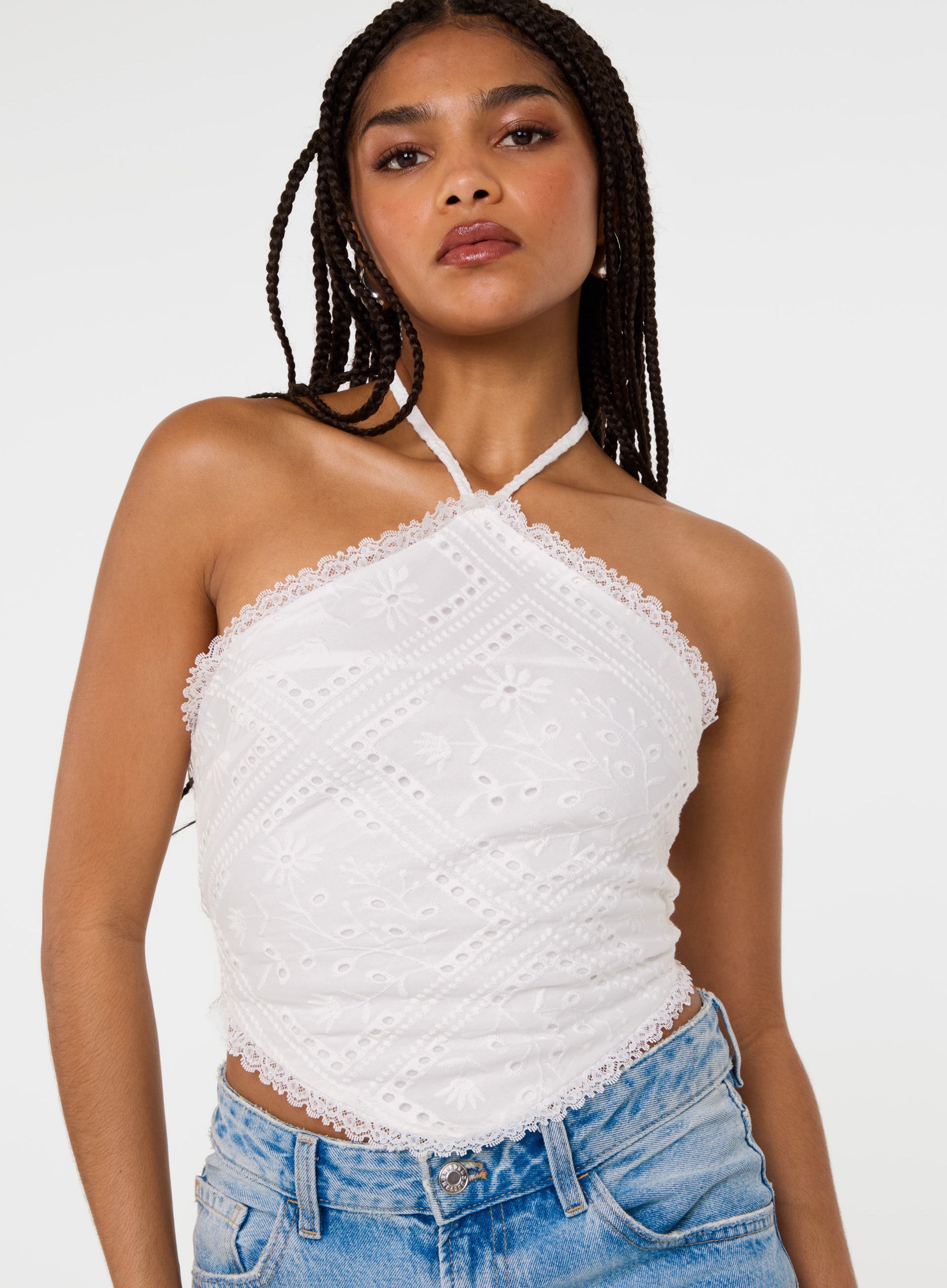 White | Cutwork Placement Hanky Halter Top | Pink Vanilla