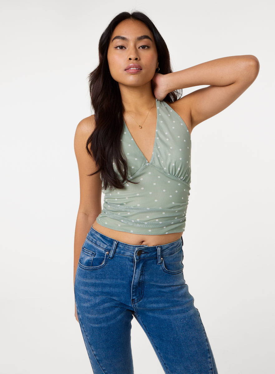 Sage | Ruched Side Halter Top In Polka Dot | Pink Vanilla