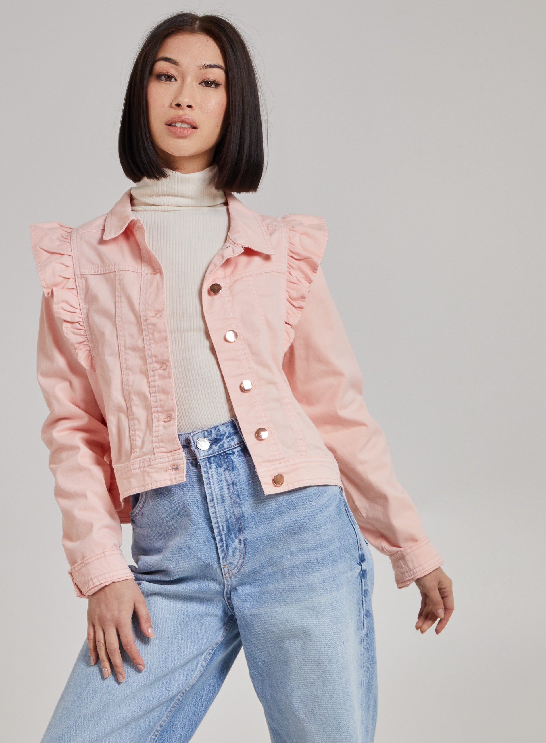 Frill Shoulder Denim Jacket Pink Vanilla