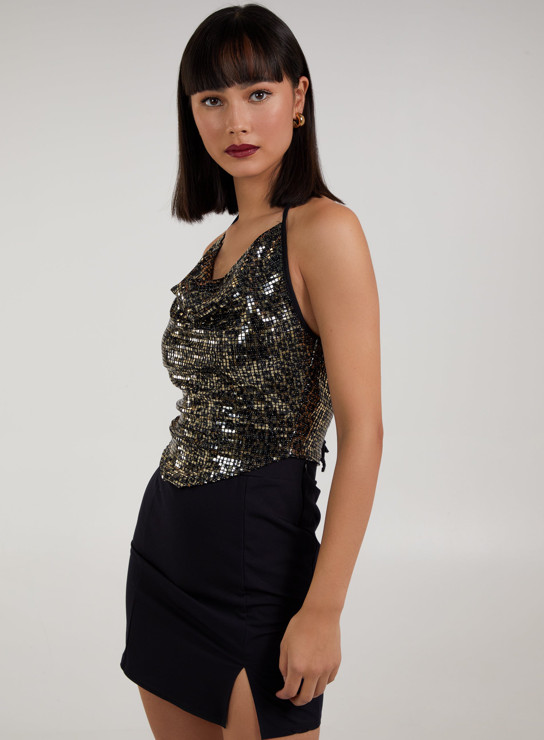 Animal Print Sequin Cowl Neck Top
